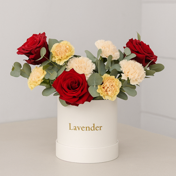 Open-Petal Red Rose & Carnation Box | 3 Red Roses + Cappuccino & White Carnations UAE
