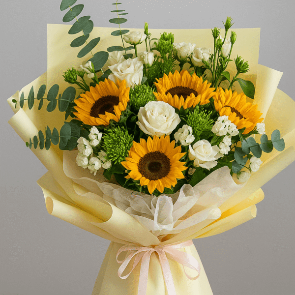 Golden Harmony Bouquet | Sunflowers & White Blooms