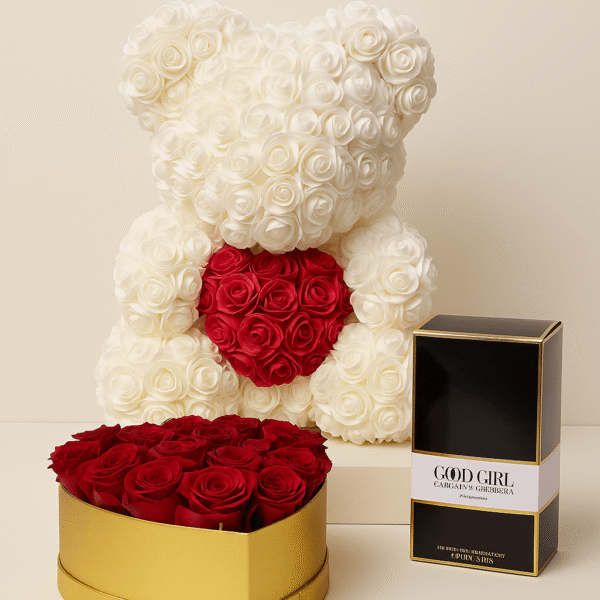 Golden Romance Luxury Gift Basket | 51 Red Roses, Perfume & Rose Bear