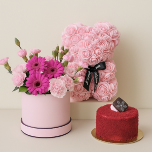 Pink-Rose-Bear-Gift-Box-Red-Velvet-Pastry-Gerberas-Lisianthus-UAE