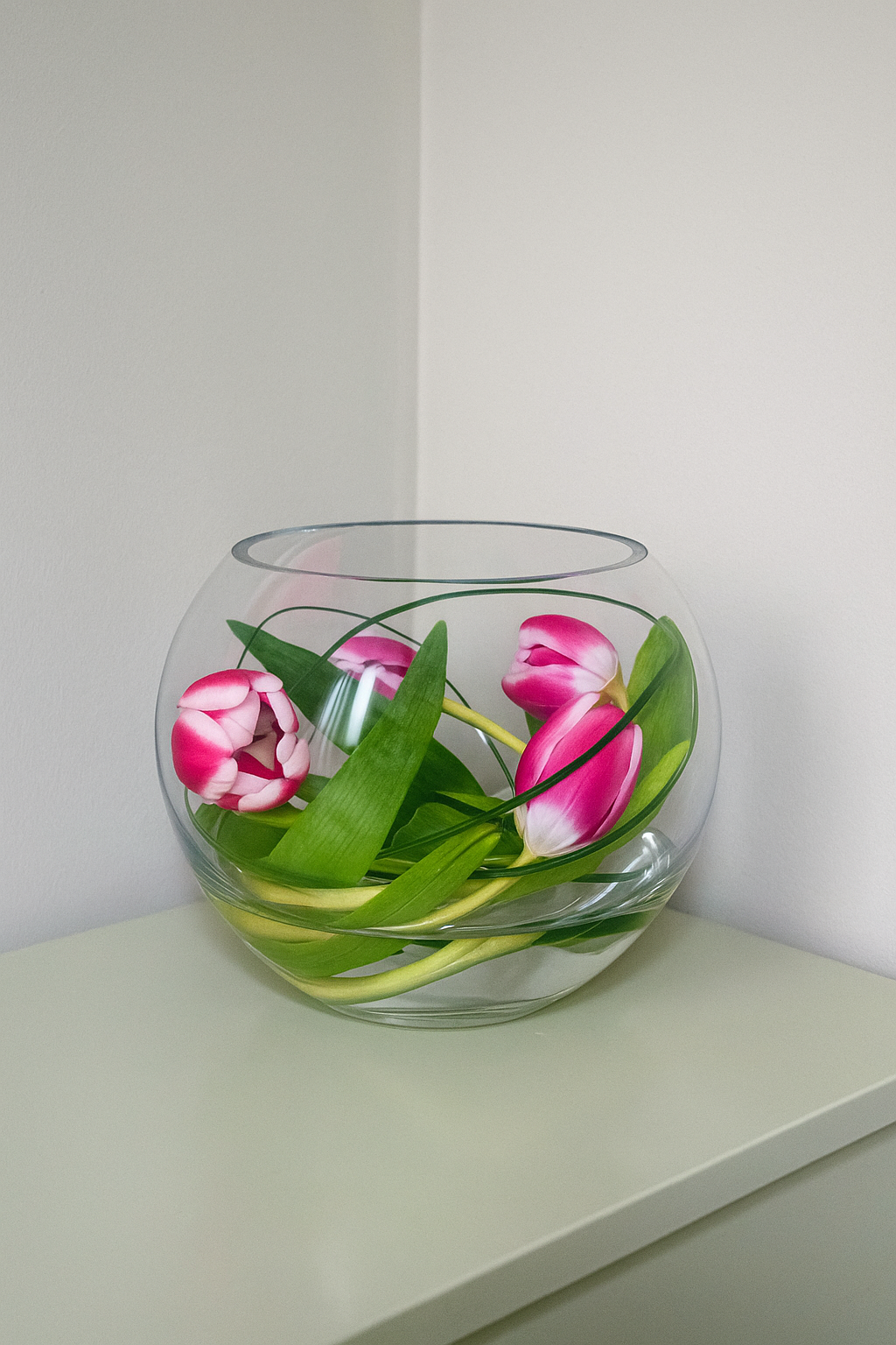 Blushing Tulip Charm | Pink Tulips in Glass Fish Bowl