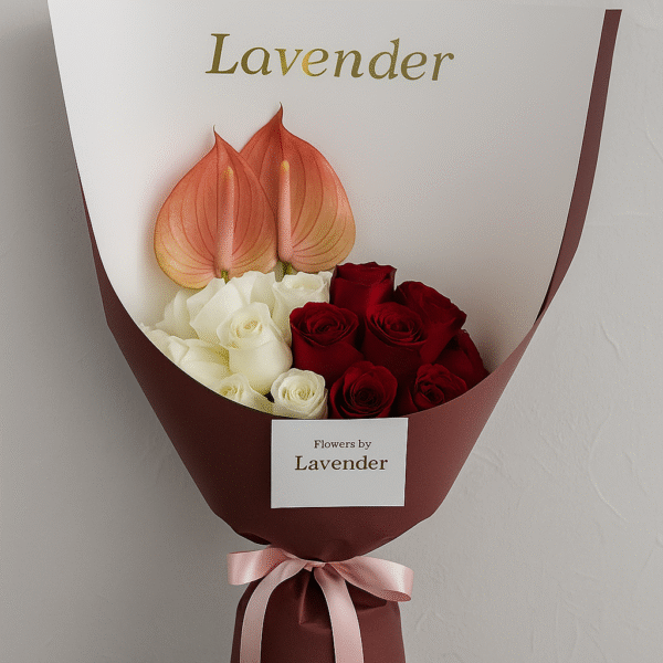 red, white & blush anthurium box | elegant rose arrangement