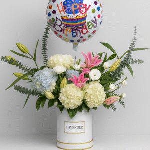 Birthday-Flower-Box-With-Balloon-Pink-Lilies-Blue-Hydrangeas-UAE