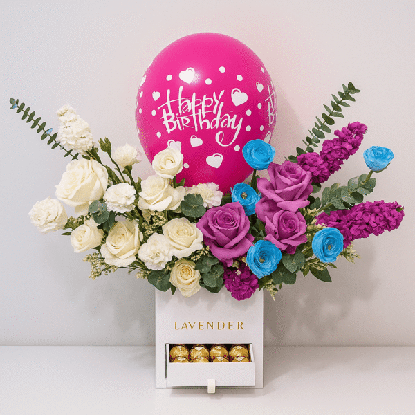 Royal Bliss Birthday Box | Blue & White Roses with Ferrero Rocher & Balloon