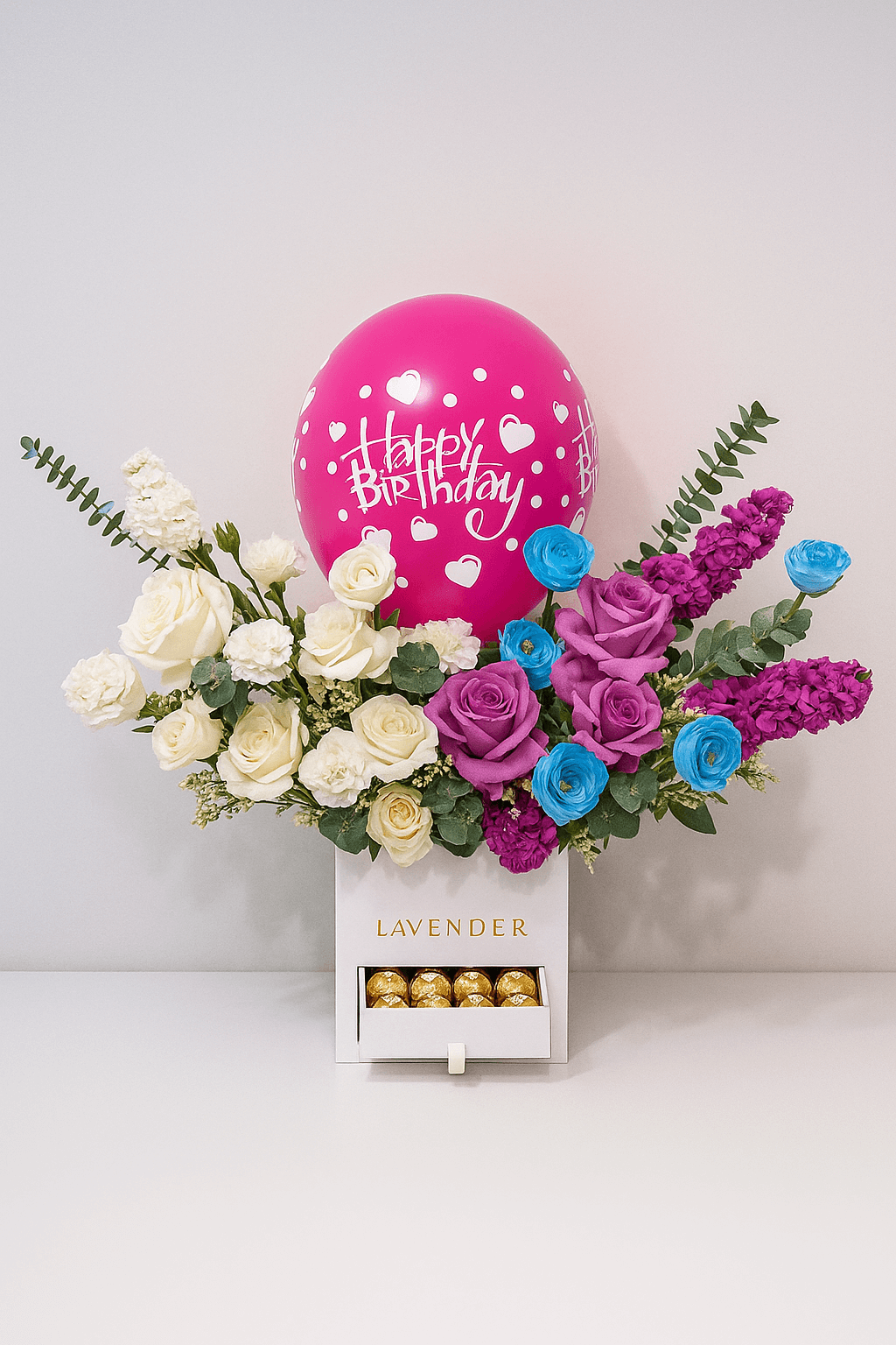 Royal Bliss Birthday Box | Blue & White Roses with Ferrero Rocher & Balloon