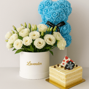 Blue-Rose-Bear-Gift-Set-White-Lisianthus-Butterscotch-Pastry-UAE