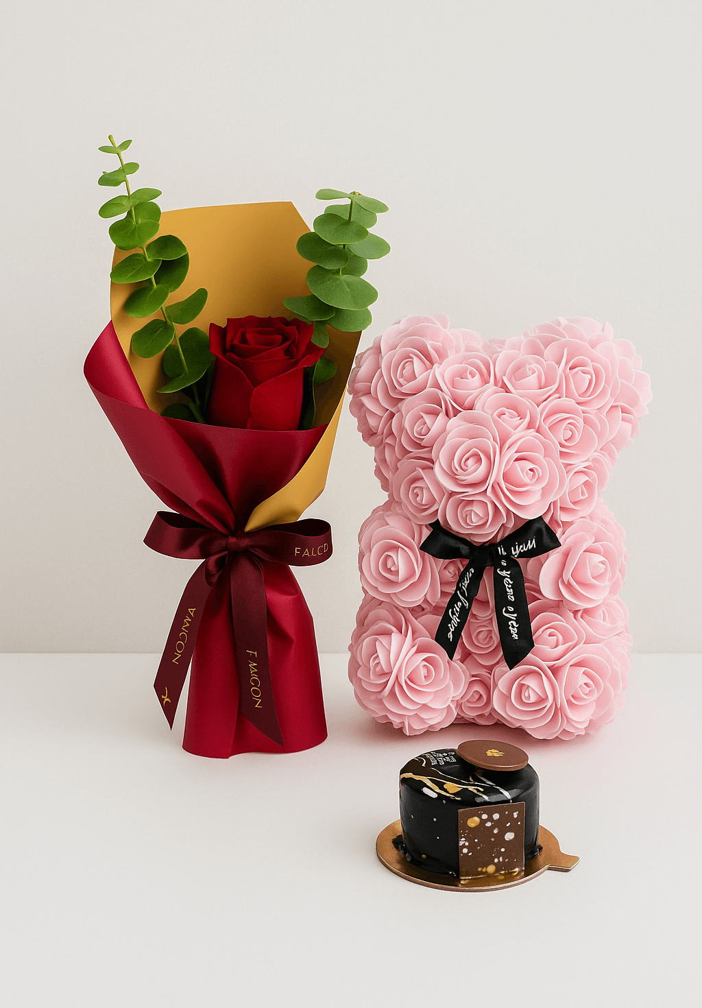 Sweet Rose Delight | Pink Rose Bear with Red Rose & Chocolate Pastry