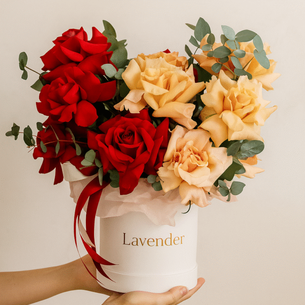 Red & Peach Harmony Basket | Elegant Mixed Roses Arrangement