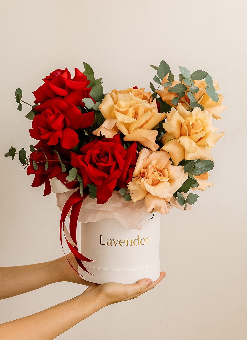 Red & Peach Harmony Basket | Elegant Mixed Roses Arrangement