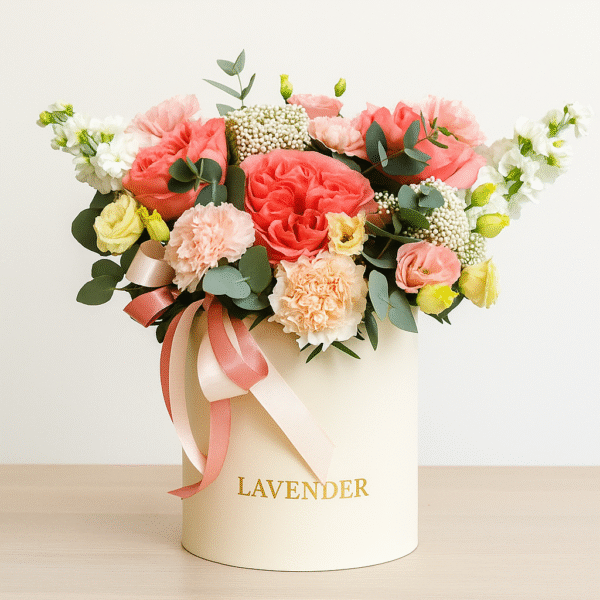 Blushing Elegance Basket – Spray Roses, Carnations & Lisianthus