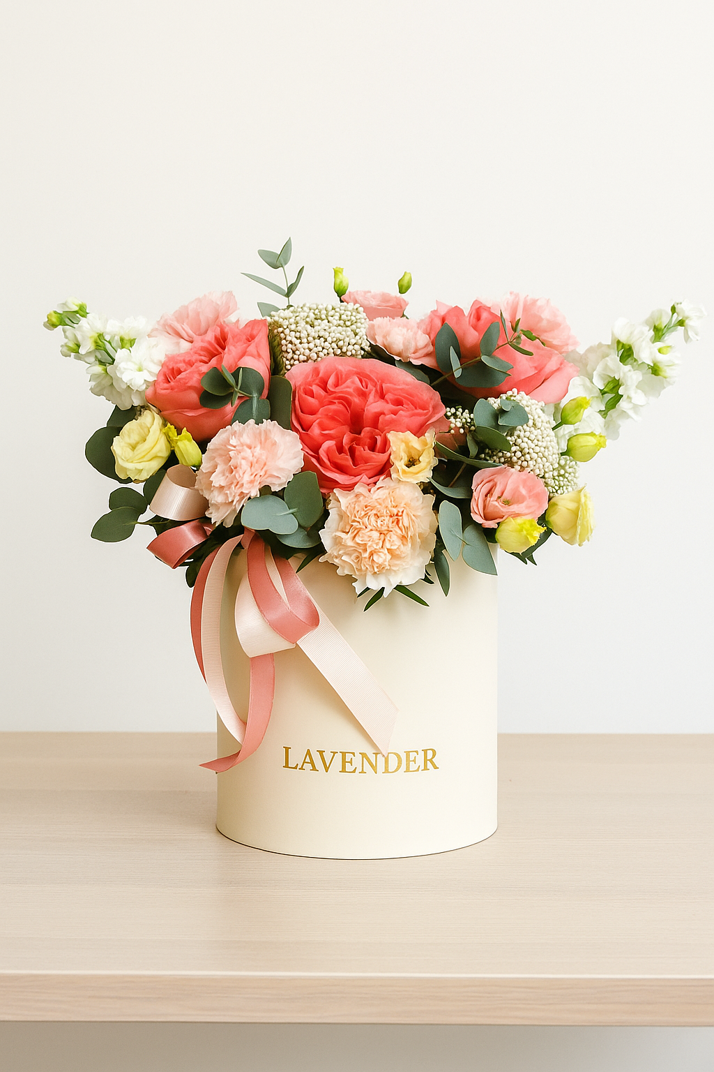 Blushing Elegance Basket – Spray Roses, Carnations & Lisianthus