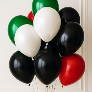 Bundle of UAE National Day helium balloons in red, green, white, and black flag colors for party decoration.