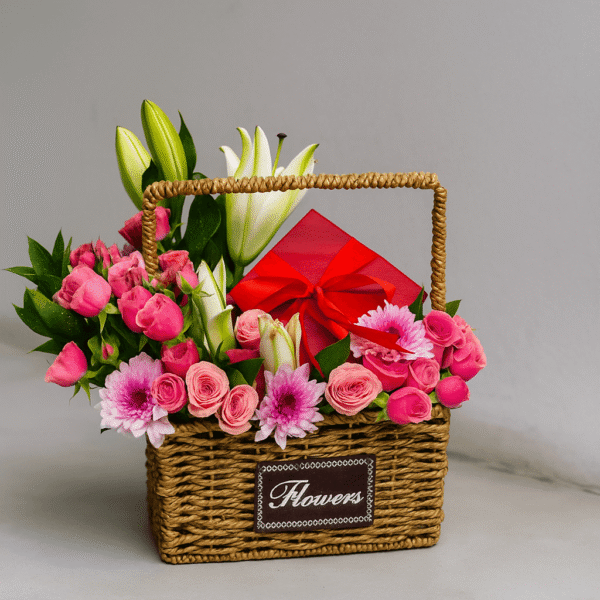 Pink-Rose-and-Lily-Basket-with-Red-Gift-Box-Luxury-Flower-Hamper-UAE