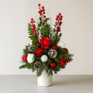 Classic-Christmas-Table-Centerpiece-Tall-Red-Roses-Evergreen-Tower