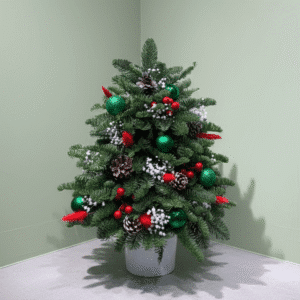 Mini Christmas Tree Centerpiece with deep green evergreen foliage, red and green ornaments, miniature gold gift boxes, and pineconesHighly descriptive for Image SEO.