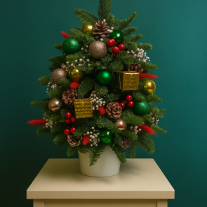 Premium Nobilis Fir Christmas Centerpiece with blue-grey leaves and coloured decorative balls