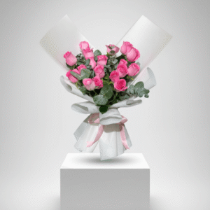 Pink-Rose-Bouquet-19-Roses-Fresh-Eucalyptus-White-Wrapping-UAE