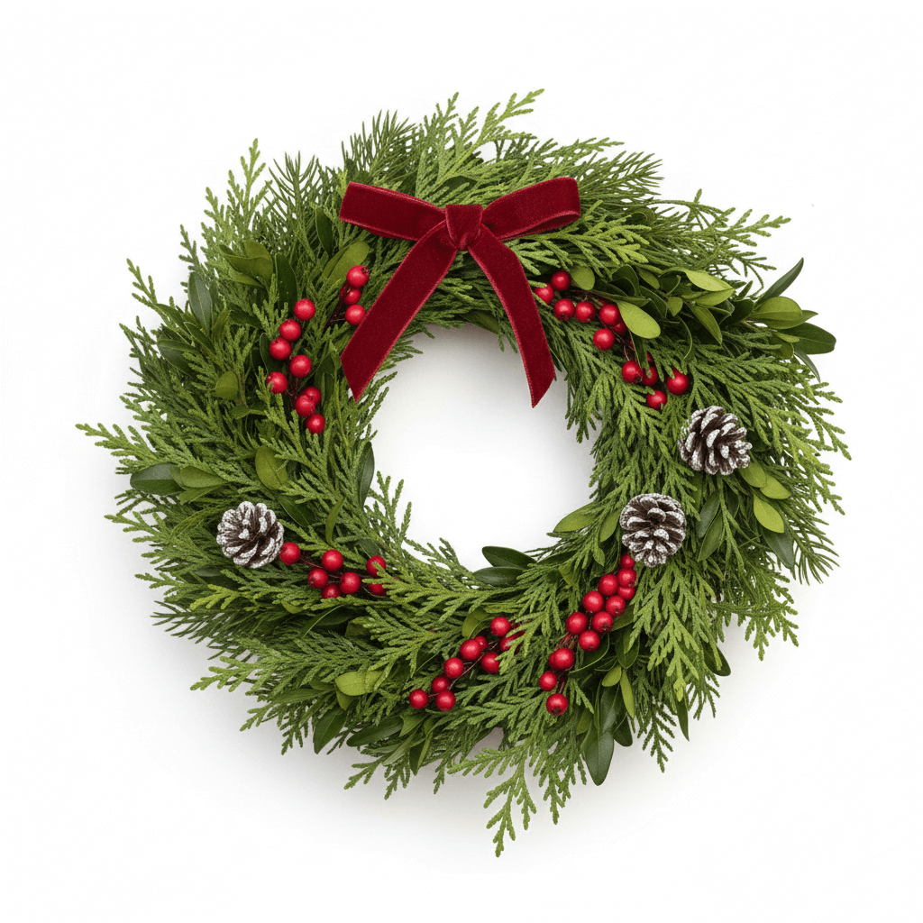 A beautiful, handcrafted **small Christmas wreath** made from fresh Thuja Standishii evergreen and Ilex berry clusters, adorned with three frosted pinecones and a luxurious red velvet ribbon, perfectly hung on a rustic white door. Ideal for holiday home decor and DIY wreath inspiration.