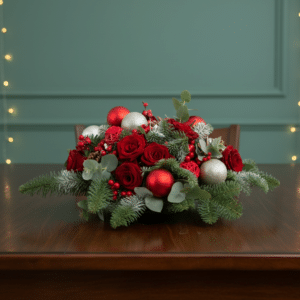 Rustic Christmas Floral Centerpiece with red roses, white chrysanthemums, evergreen pine, and red ornaments in a square wooden box