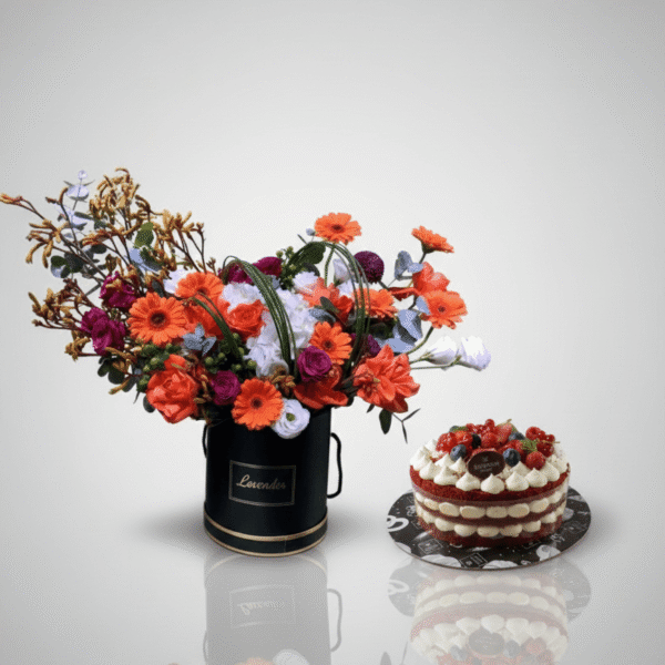 Red-Velvet-Cake-and-Flowers-Exotic-Mixed-Bouquet-1KG-Cake-UAE.