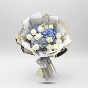 Classic Blue Hydrangea & White Rose Gentleman Bouquet