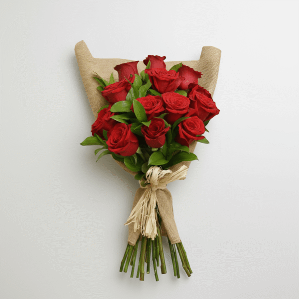 Romantic Flower Delivery in UAE 12 Red Roses Burlap Bouquet