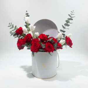 Valentine Flower Basket UAE Red Roses White Tulips Eucalyptus