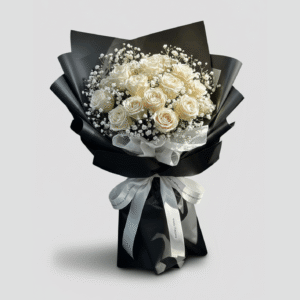 White-Rose-Bouquet-with-Babys-Breath-Black-Wrap-UAE