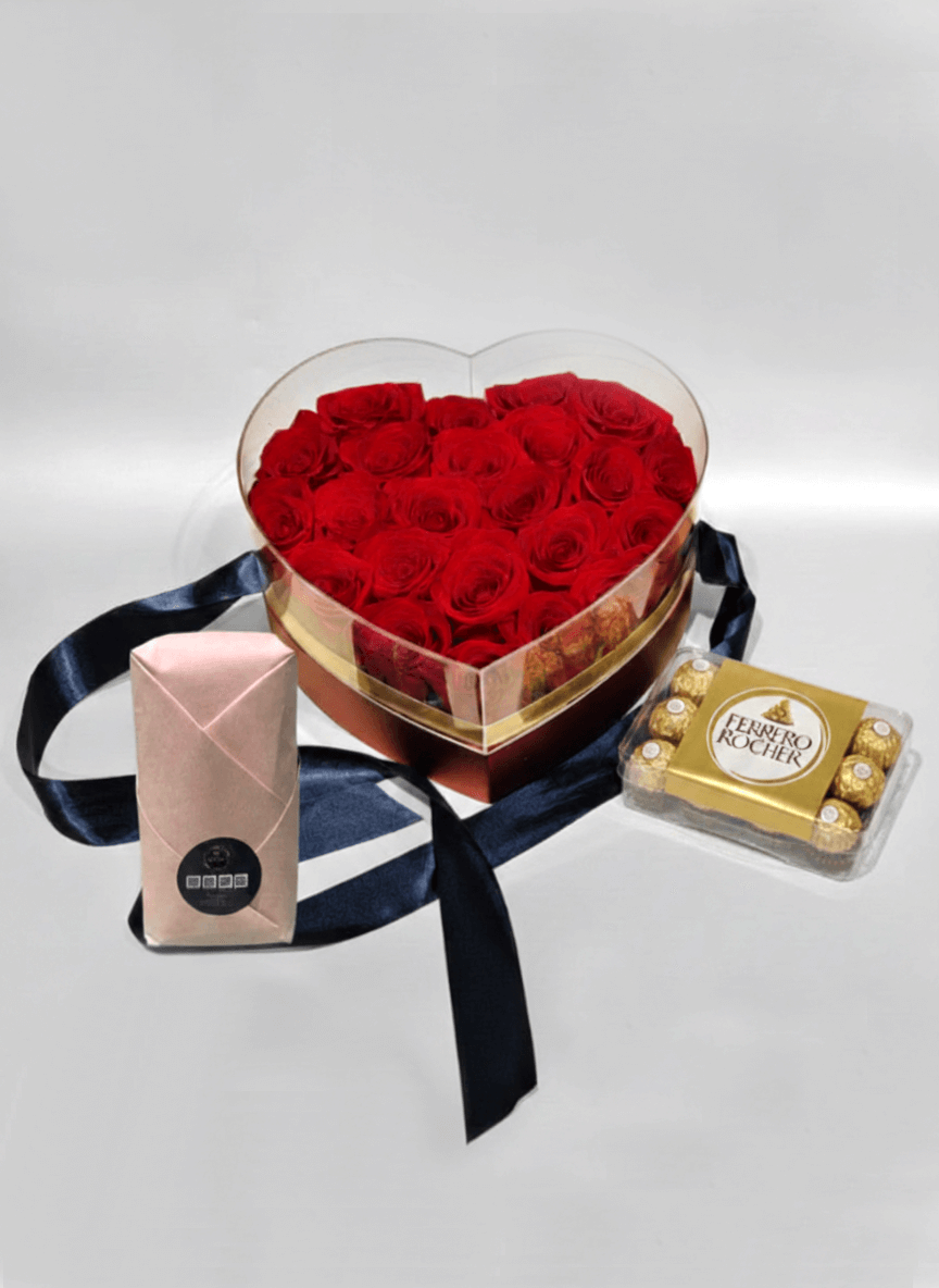 Heart-Shaped 21 Red Roses with Ferrero Rocher Chocolate Box | Luxury Flower Delivery UAE - Image 2
